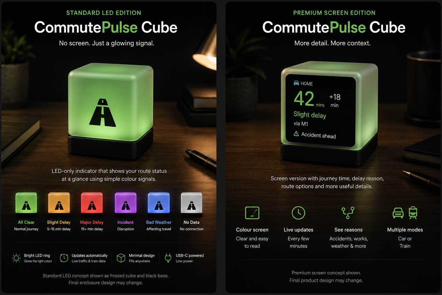 CommutePulse Cube — Standard LED Edition vs Premium Screen Edition side by side